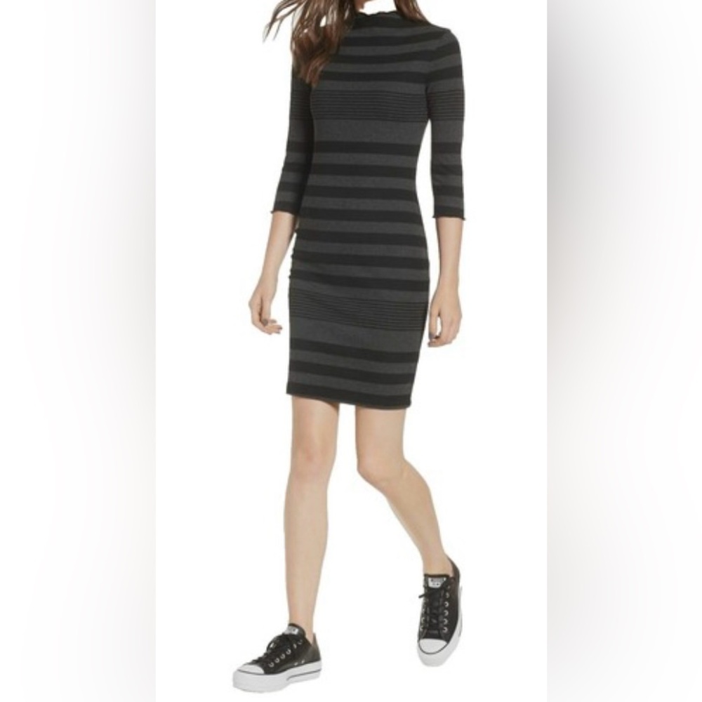 Socialite Black and Gray Striped Long Sleeve Dress